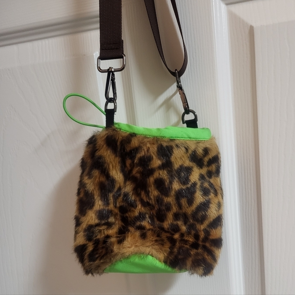 Leopard Print Faux Fur Neon Lined Crossbody Bag